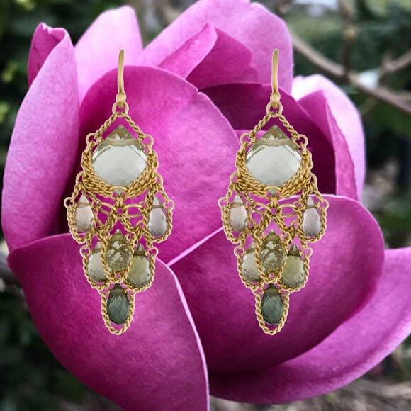 ANTHONY NAK 18K Green Tourmaline & Tsai Sapphire Chain Earrings Vintage RARE - Picture 1 of 2